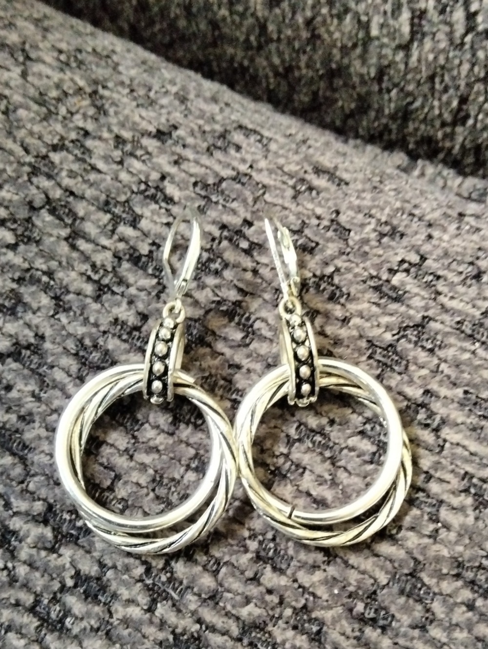 Silver Double Hoop Drop Earrings with Accent Detailing